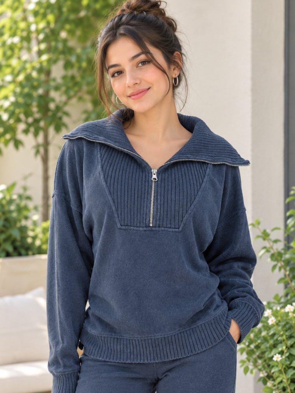 Aerie Women's Black Down to Earth Quarter Zip Cozy Oversized Sweatshirt Size S